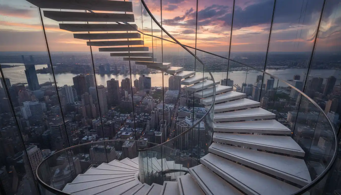 A sculptural spiral staircase inside a 50-foot glass atrium overlooking the city.
