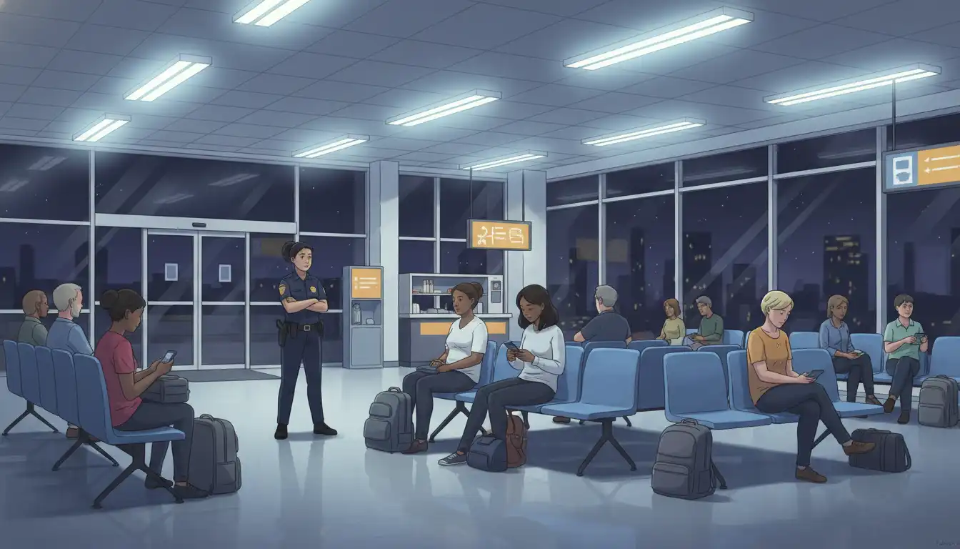 Greyhound bus station interior with travelers waiting under security presence.