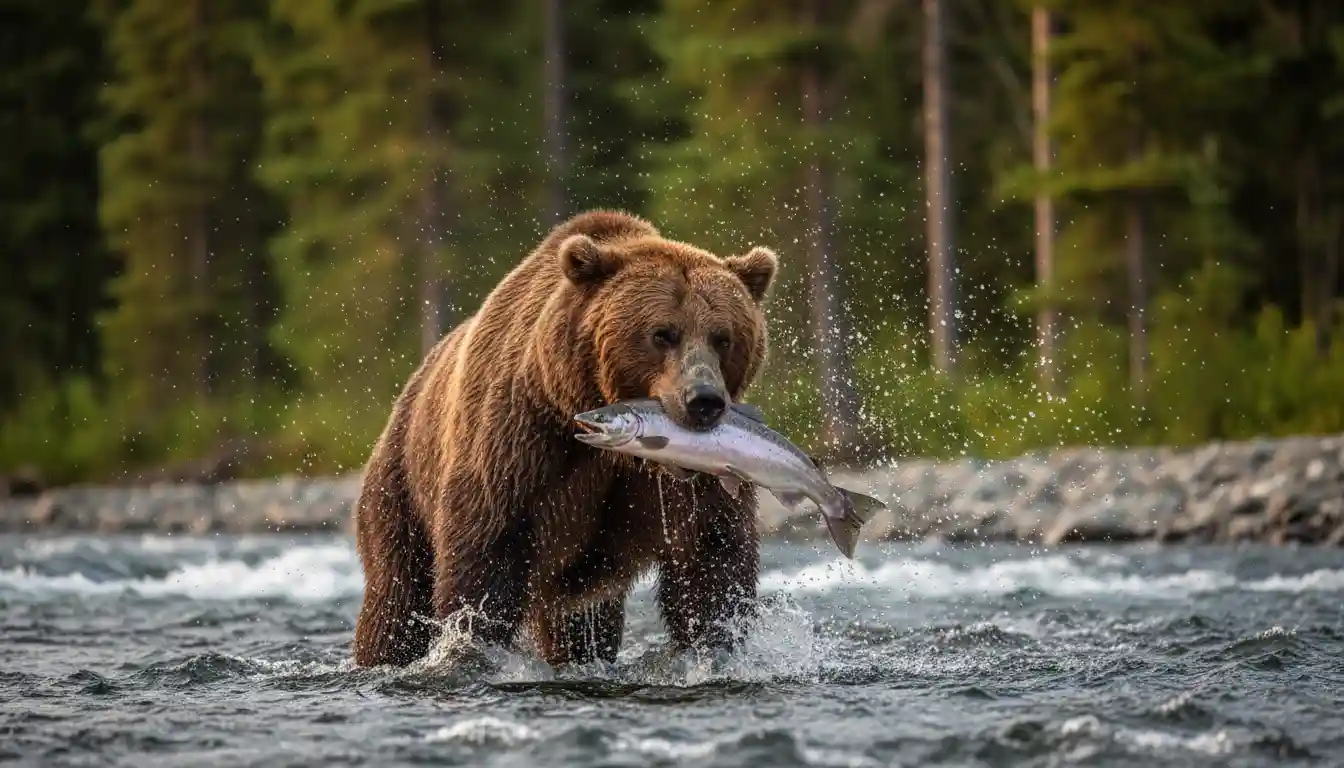 A brown bear catching a salmon in a rushing river.