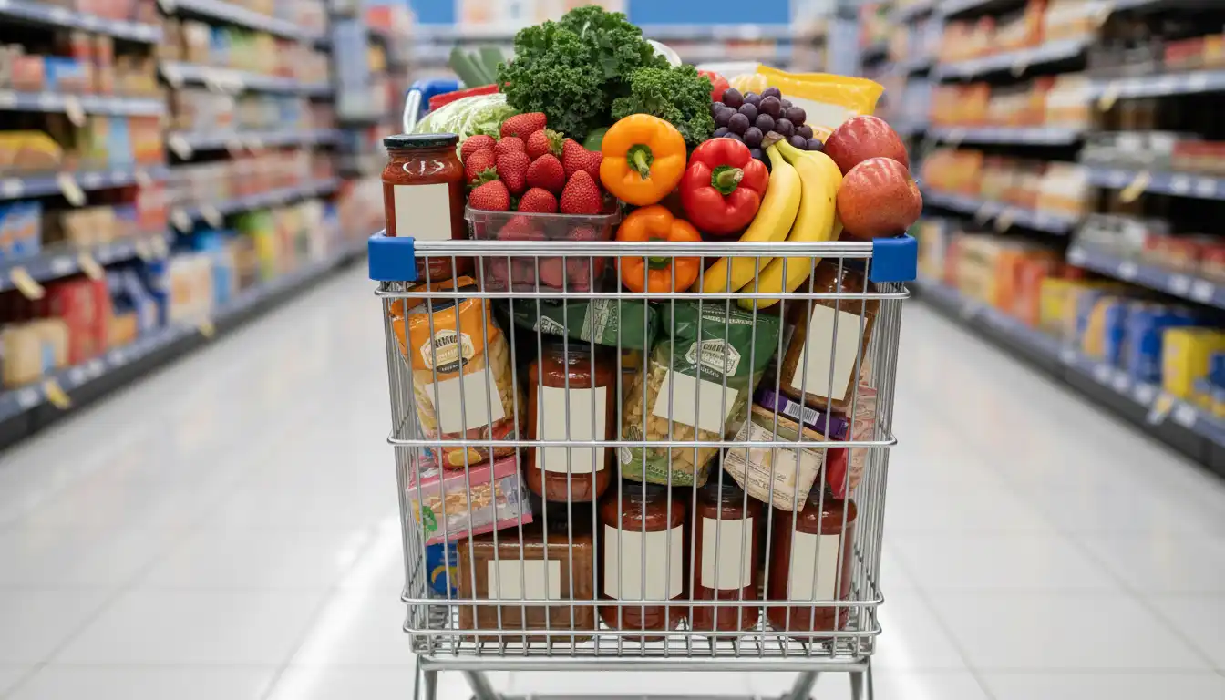 A shopping cart filled with groceries in a supermarket aisle