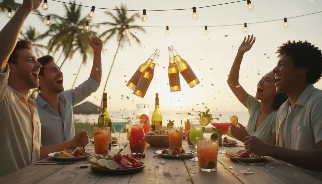Group of young travelers cheering and celebrating on a Contiki vs EF Ultimate Break trip