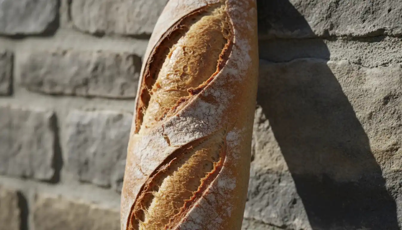 A crusty French baguette showing its hard texture