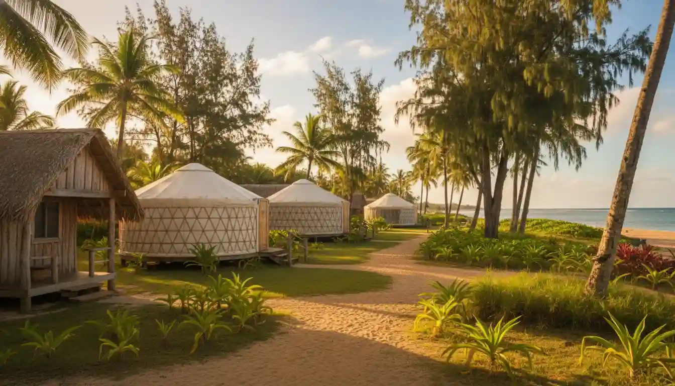 Eco-friendly wooden yurts and camping bungalows nestled in a tropical landscape near the beach.