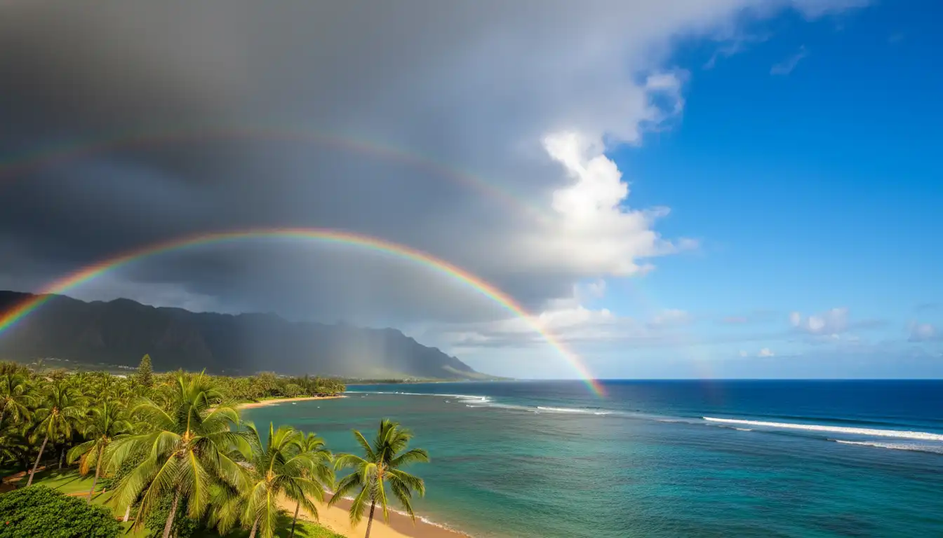 Dramatic tropical weather in Hawaii showing dark rain clouds approaching a sunny coastline.