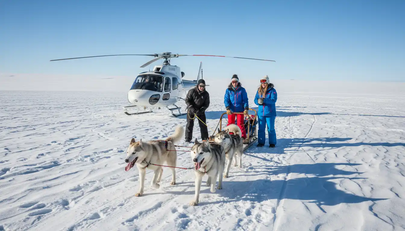 Tourists preparing for a dog sled ride on top of a snowy glacier.