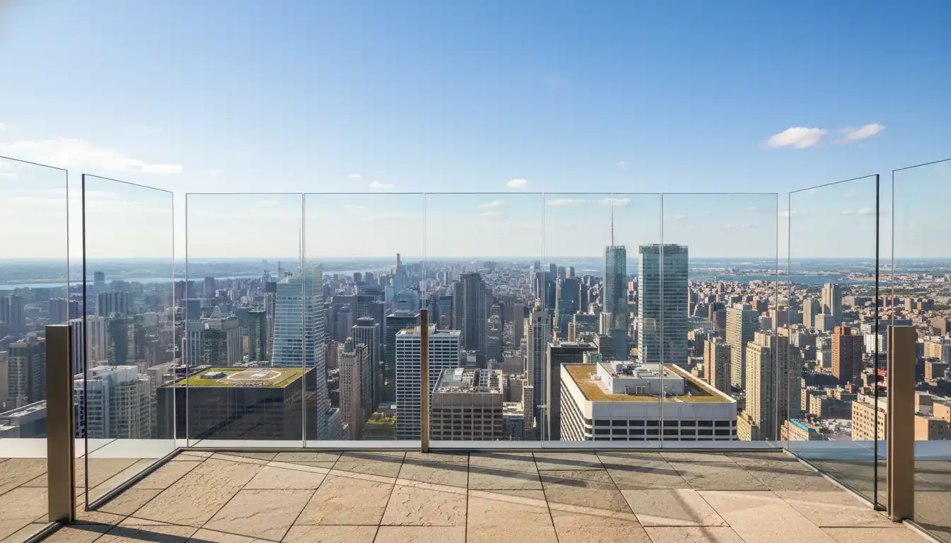 The outdoor terrace with high glass windguards looking down on the tops of other skyscrapers.