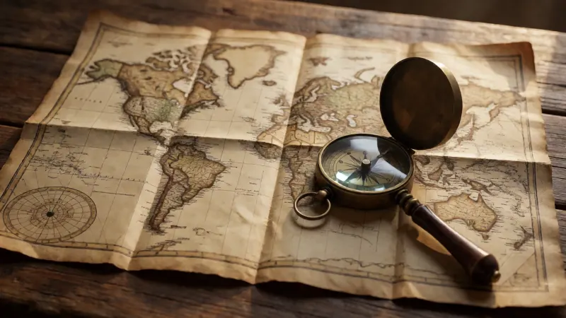 Vintage compass and magnifying glass resting on an old, unfolded world map on a rustic wooden table.
