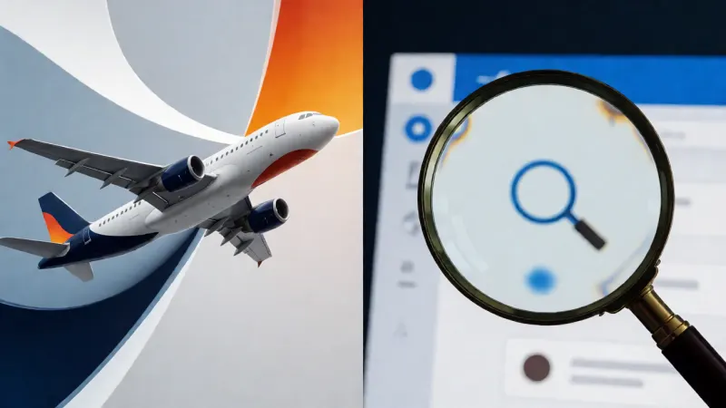 Split-screen abstract background with a stylized airplane on one side and a magnifying glass on the other, representing a search and comparison.