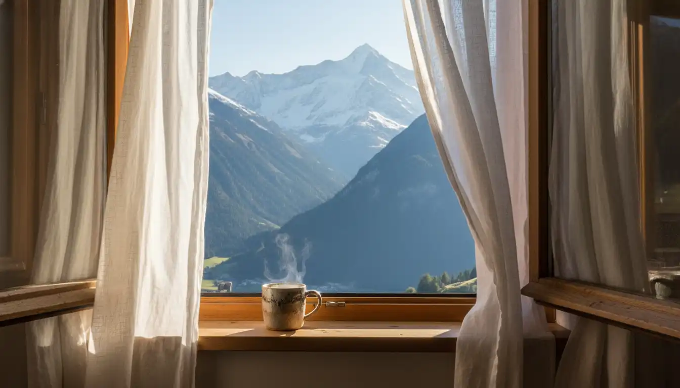 Scenic view from a hotel room window in Switzerland showing mountains