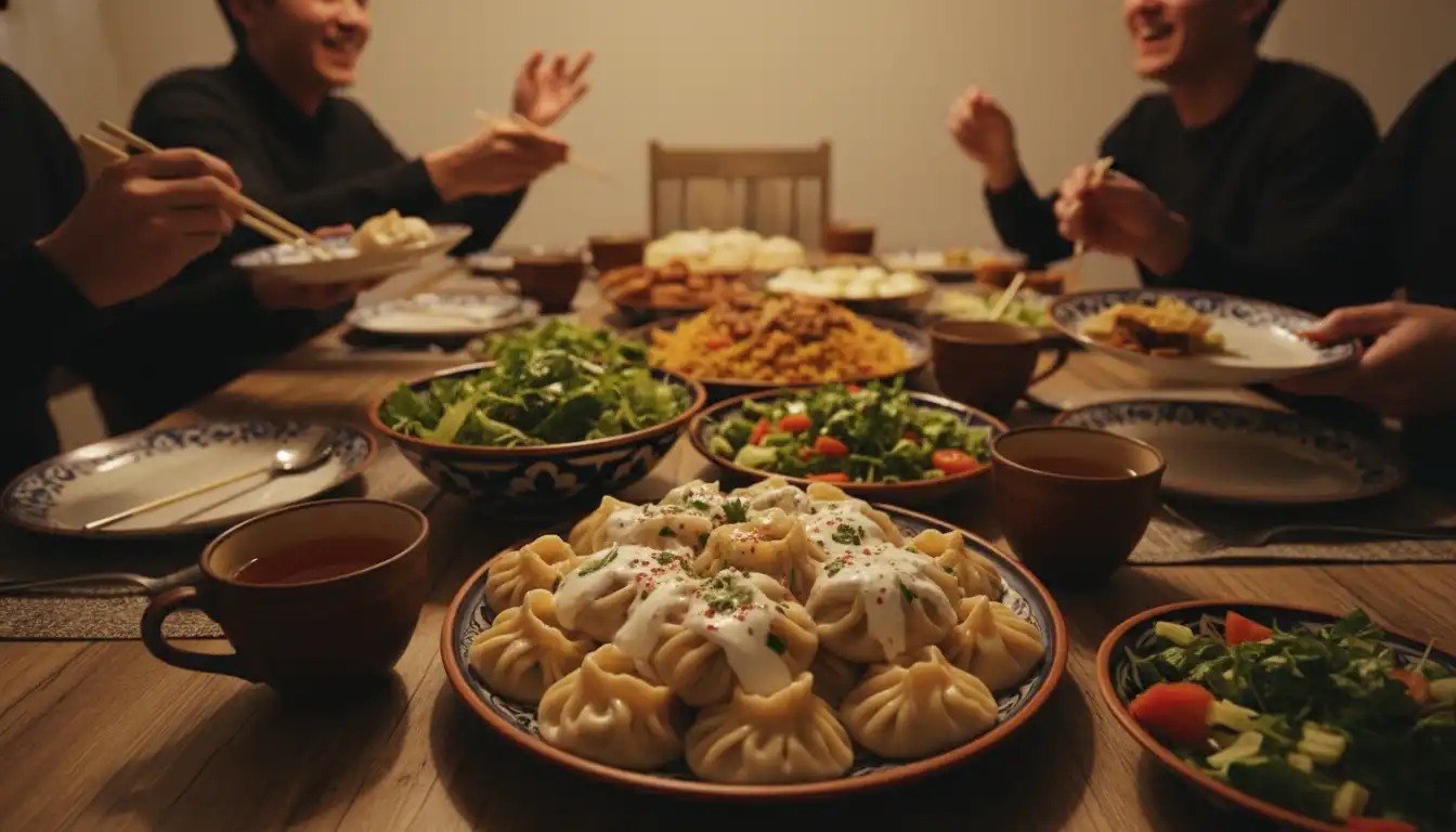 A festive dinner table laden with food featuring Manti dumplings and tea.