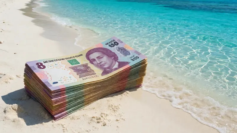 A colorful stack of Mexican peso banknotes next to a white sand beach with turquoise water.