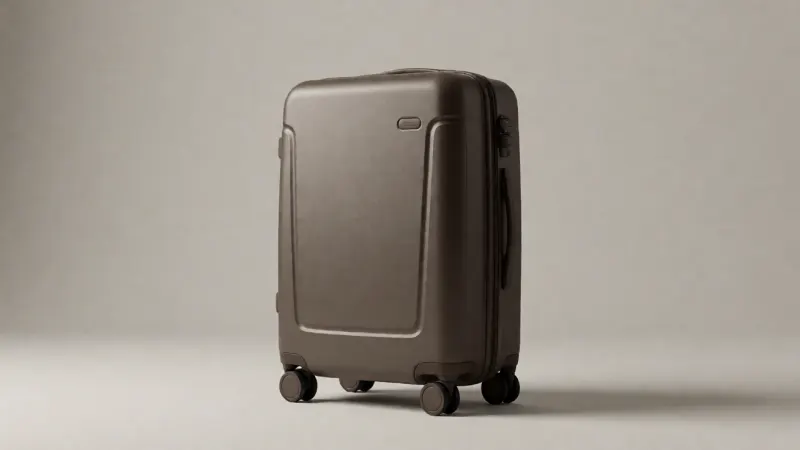 A hard-shell, four-wheeled suitcase in a solid color stands against a plain, neutral background.