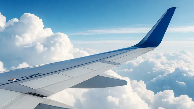 Blue and white airplane wing soaring above fluffy white clouds.