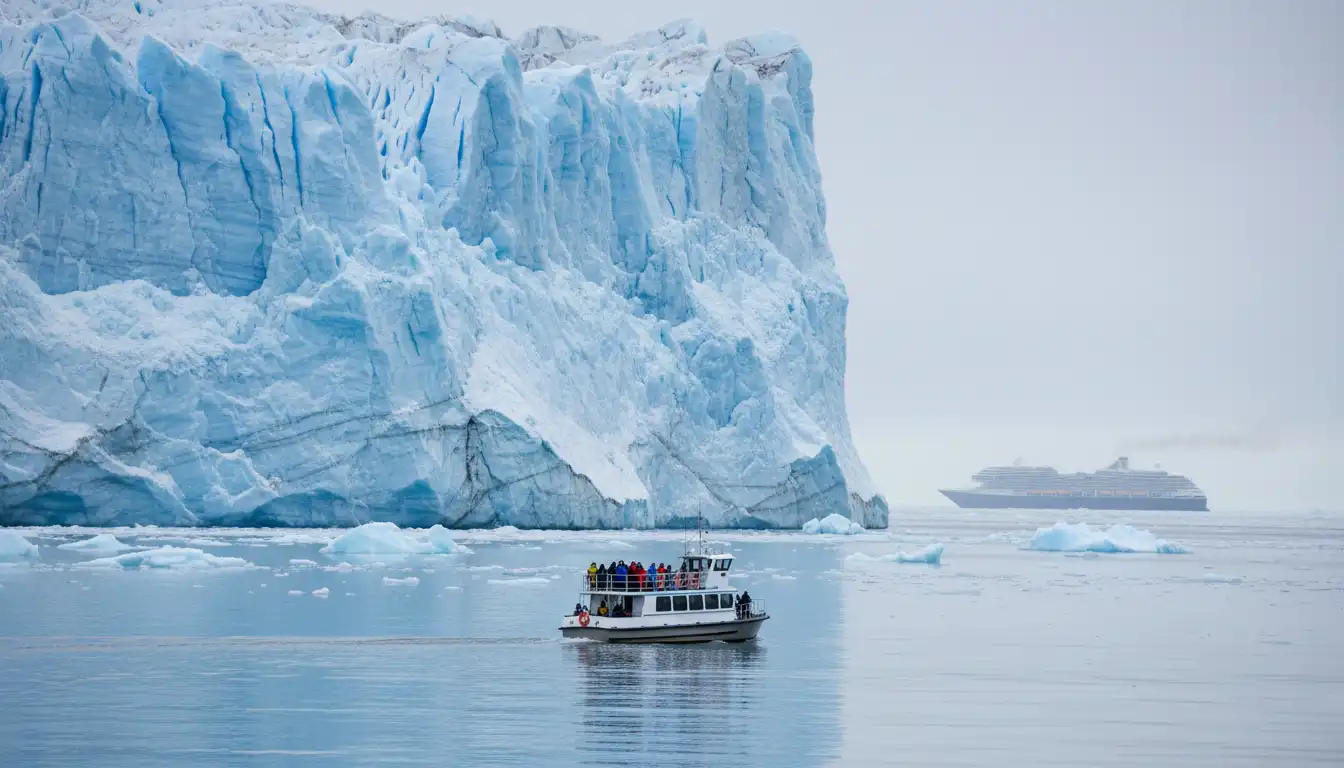 A small excursion boat getting close to the towering Hubbard Glacier ice wall.