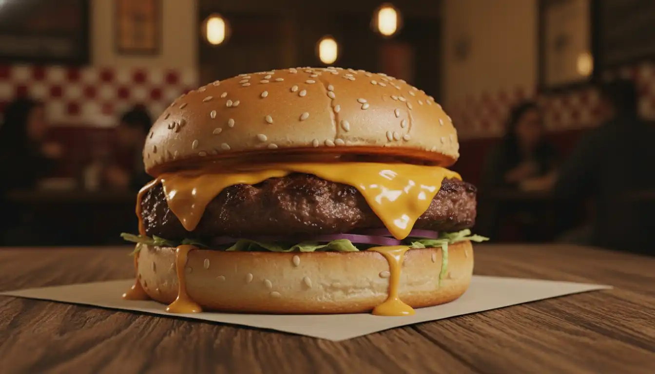 Juicy smashed cheeseburger with melted American cheese, toasted bun, and crispy edges, photographed in a classic New York City burger joint.