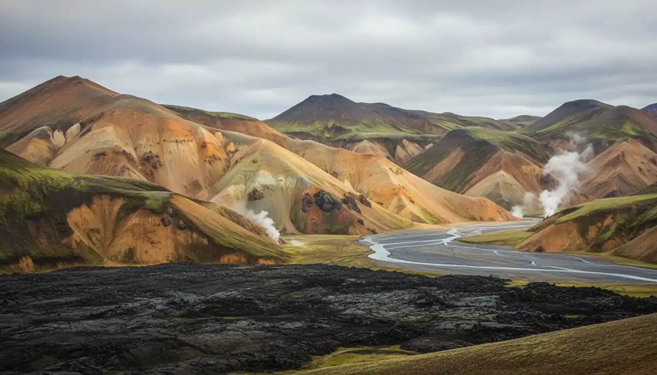 The colorful rhyolite mountains and steam vents of Landmannalaugar in the Icelandic Highlands