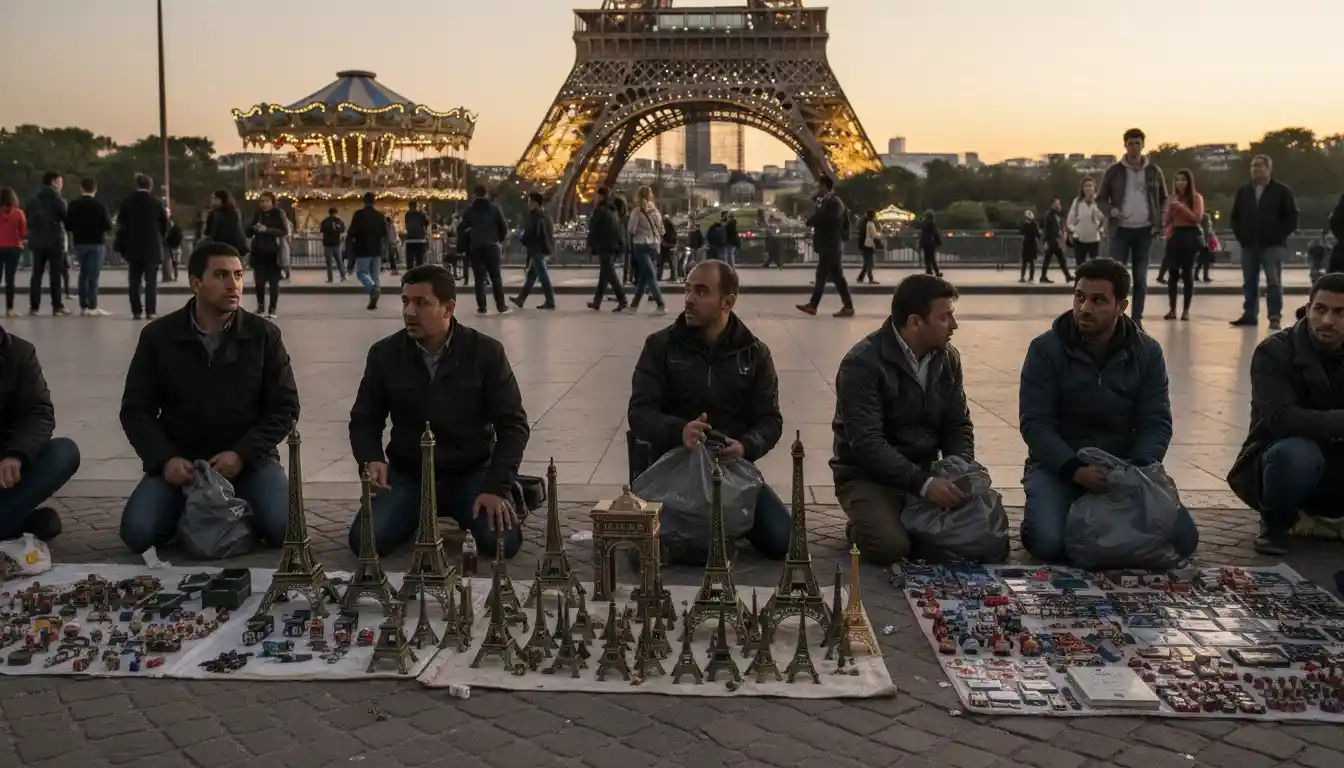 Street vendors selling souvenirs on mats near Eiffel Tower