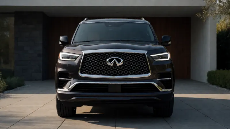 Front view of a dark luxury SUV parked on a paved driveway in front of a modern home.
