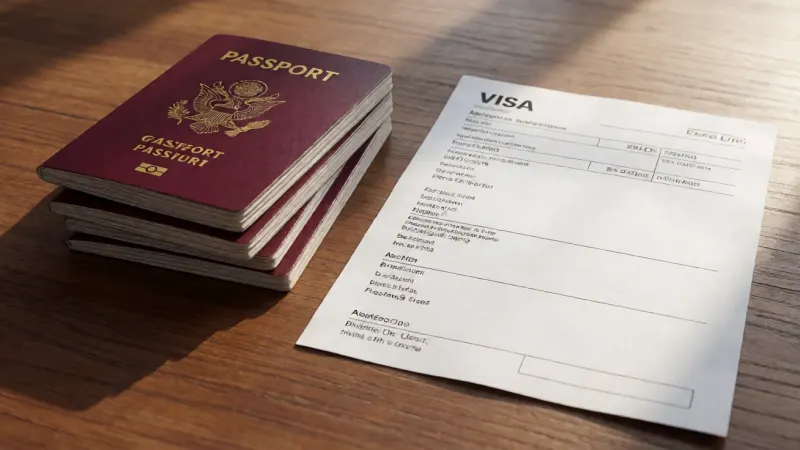 A stack of generic passports with a blank visa application form on a wooden desk.