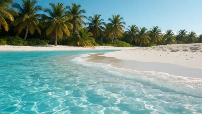 Crystal-clear turquoise water lapping against a white sand beach with lush green palm trees in the background under a clear blue sky.