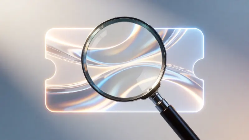 Magnifying glass hovering over an abstract representation of a digital flight ticket.