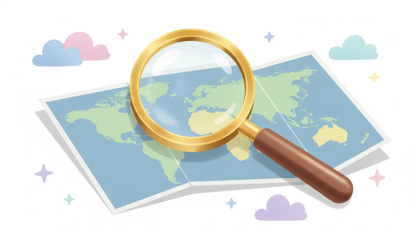 A brass magnifying glass resting on a folded world map, angled to show continents without legible text.