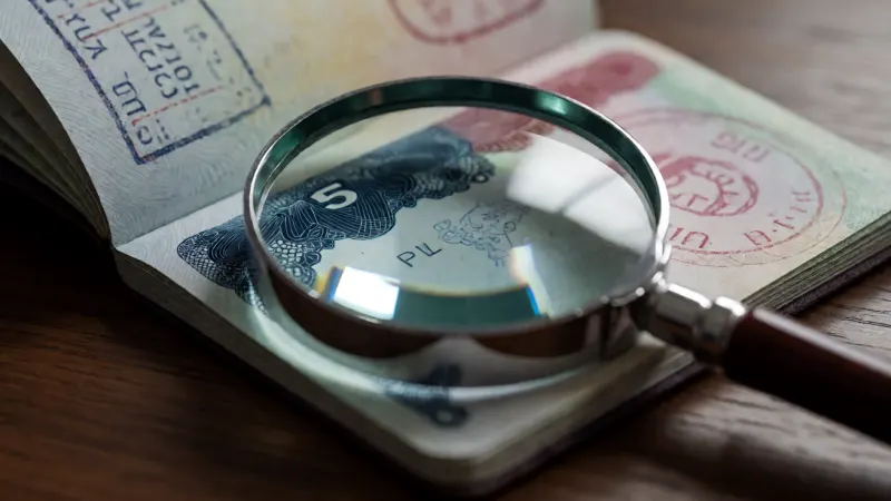 A magnifying glass positioned over a passport with visa stamps on a dark wooden table.