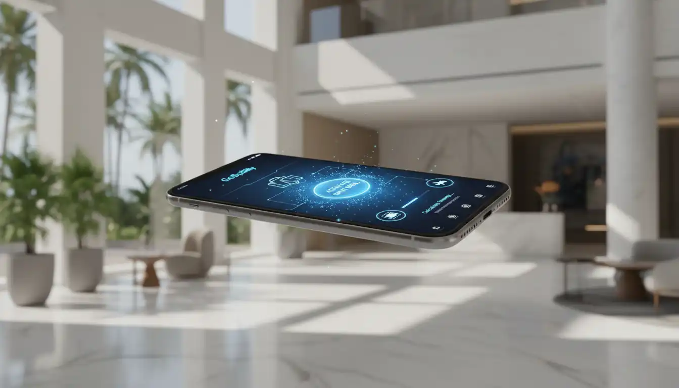 A high-resolution 3D render of a smartphone floating in a minimalist, sunlit hotel lobby. The screen displays a sleek, futuristic travel booking app interface with the name 'GoSplitty' at the top. The UI shows a 'Split Deal' being activated, with vibrant blue and white glowing accents. Soft-focus luxury resort background with marble floors and lush tropical plants. 8k, cinematic lighting, professional product photography style.