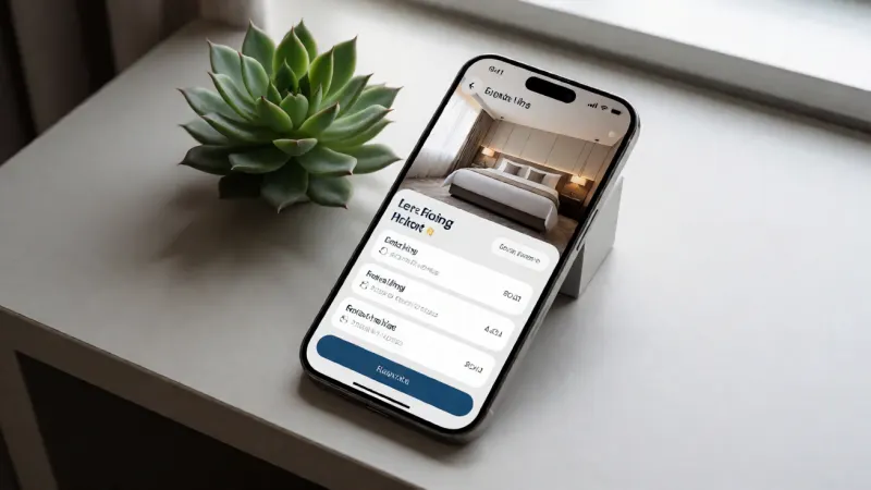 A modern smartphone displaying a hotel room booking interface on a sleek, minimalist desk next to a small green succulent plant.
