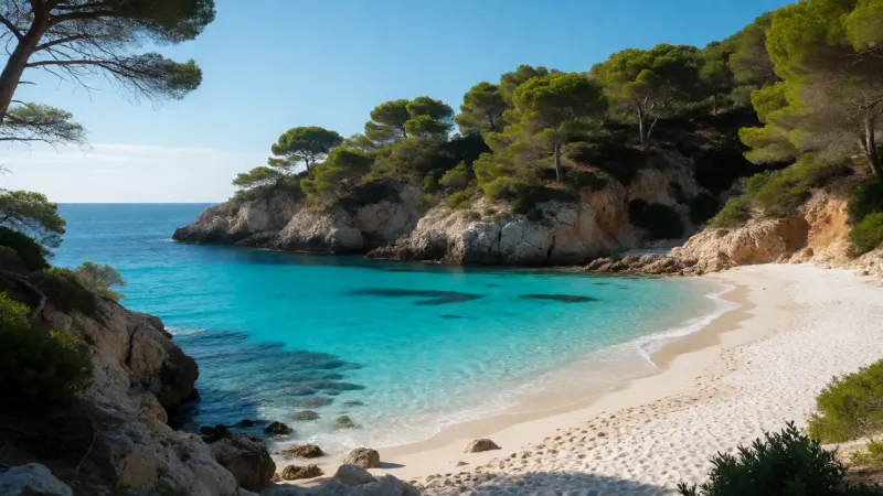 A tranquil, turquoise cove with a white sand beach, surrounded by rugged cliffs and lush green pine trees under a clear blue sky.