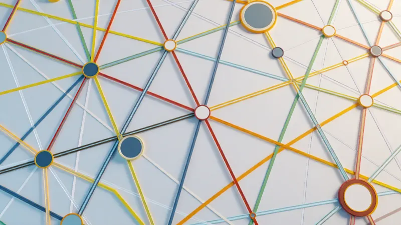 An abstract geometric pattern with intersecting lines and circles suggesting interconnected flight paths on a network map.