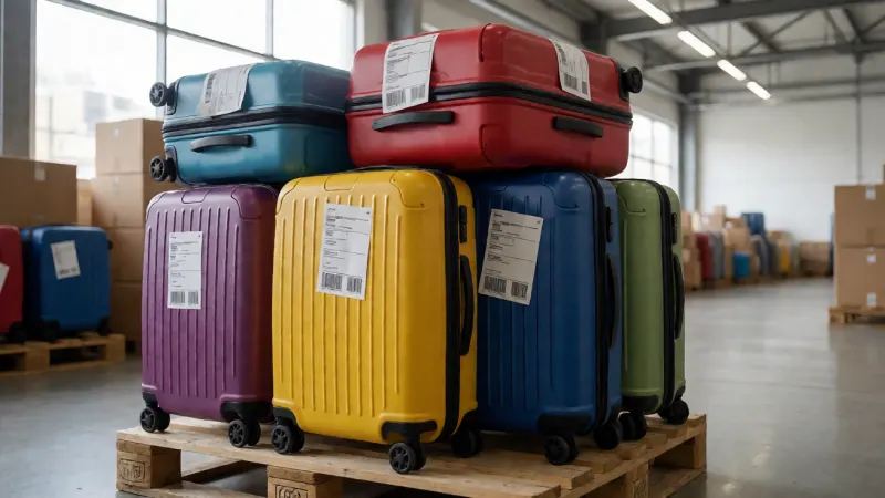 A stack of colorful, hard-shell suitcases with shipping labels attached, placed neatly on a wooden pallet inside a brightly lit warehouse.
