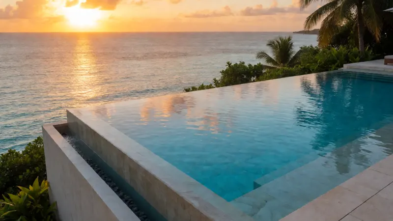 Infinity pool overlooking a tropical ocean at sunset.