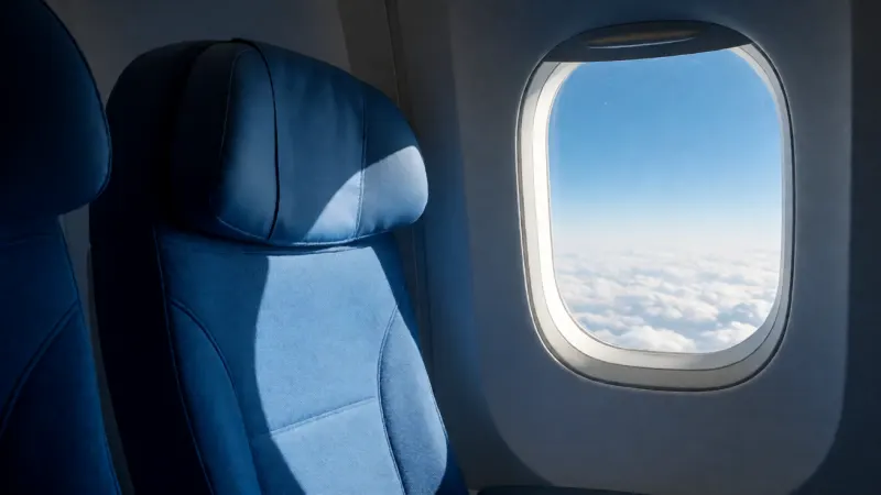 An empty blue airplane seat next to a bright window overlooking white clouds and a blue sky.