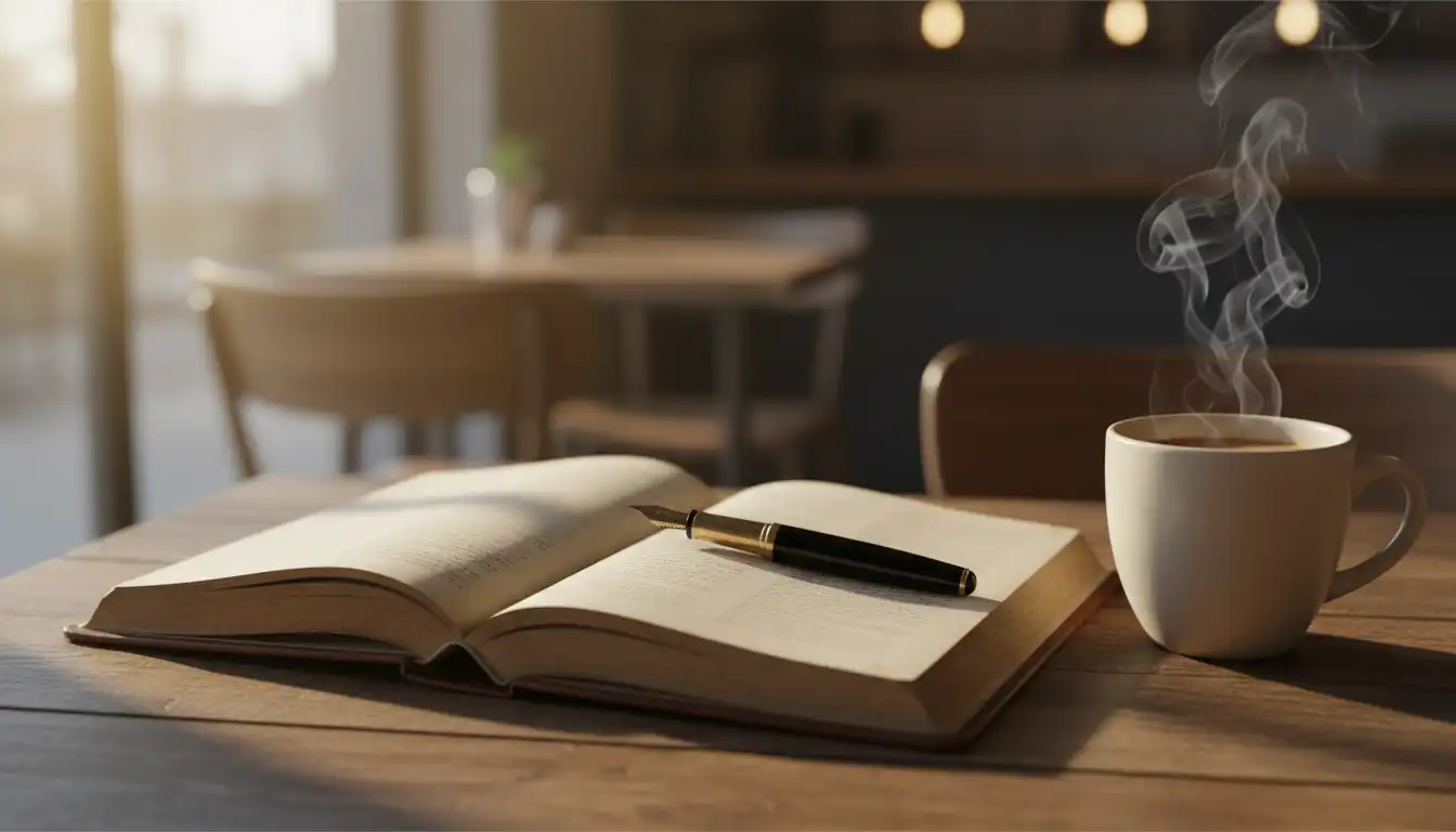 Traveler writing in a journal at a cafe to manage depression while on vacation