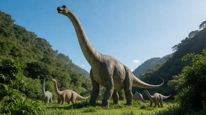 A large, life-sized sculpture of a brachiosaurus stands tall in a green valley under a clear blue sky, surrounded by smaller dinosaur replicas and lush vegetation.