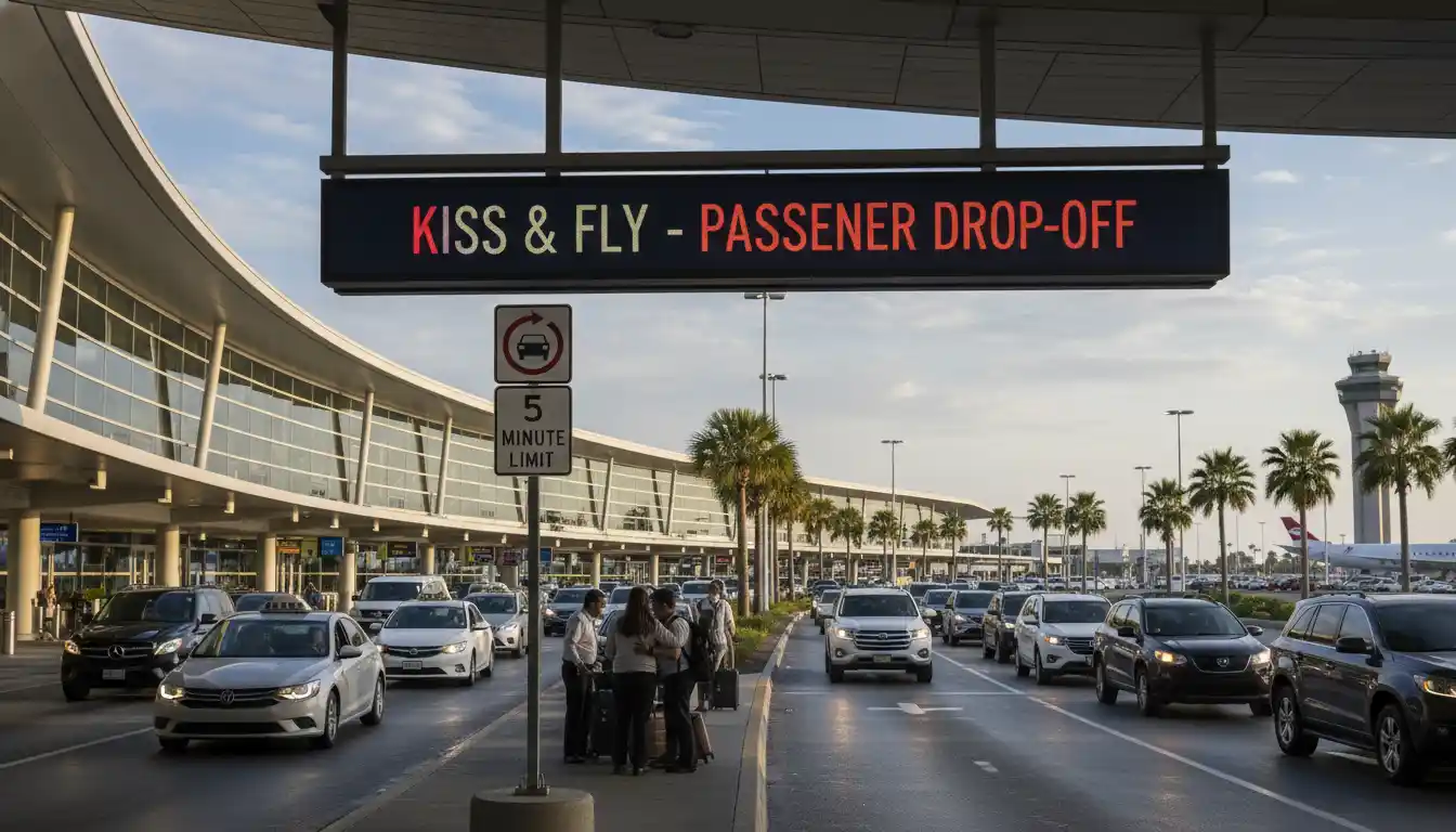 Curbside passenger drop-off lane at an airport with a modern terminal building in the background.