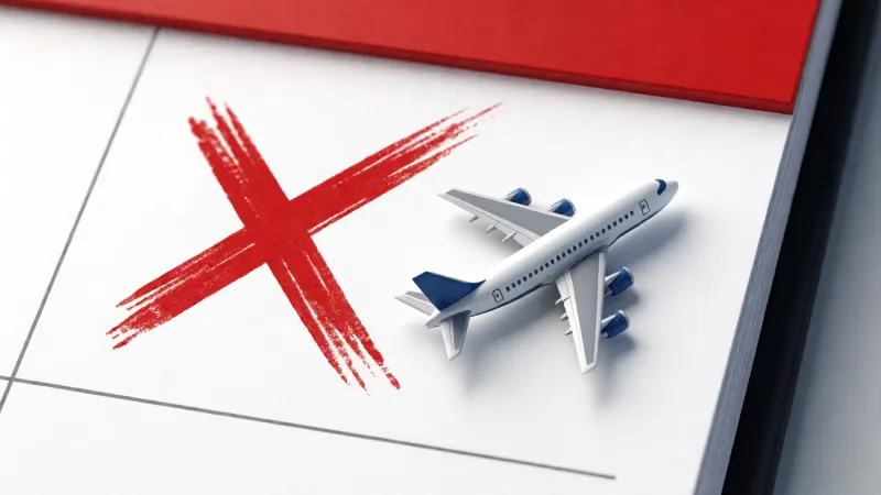 Stylized calendar page with a red X mark next to a small airplane icon, symbolizing flight cancellation.