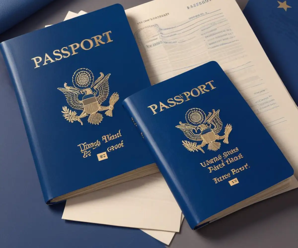 A standard-sized blue United States passport book placed next to a noticeably thicker, large-sized blue United States passport book on a plain, neutral-colored surface.