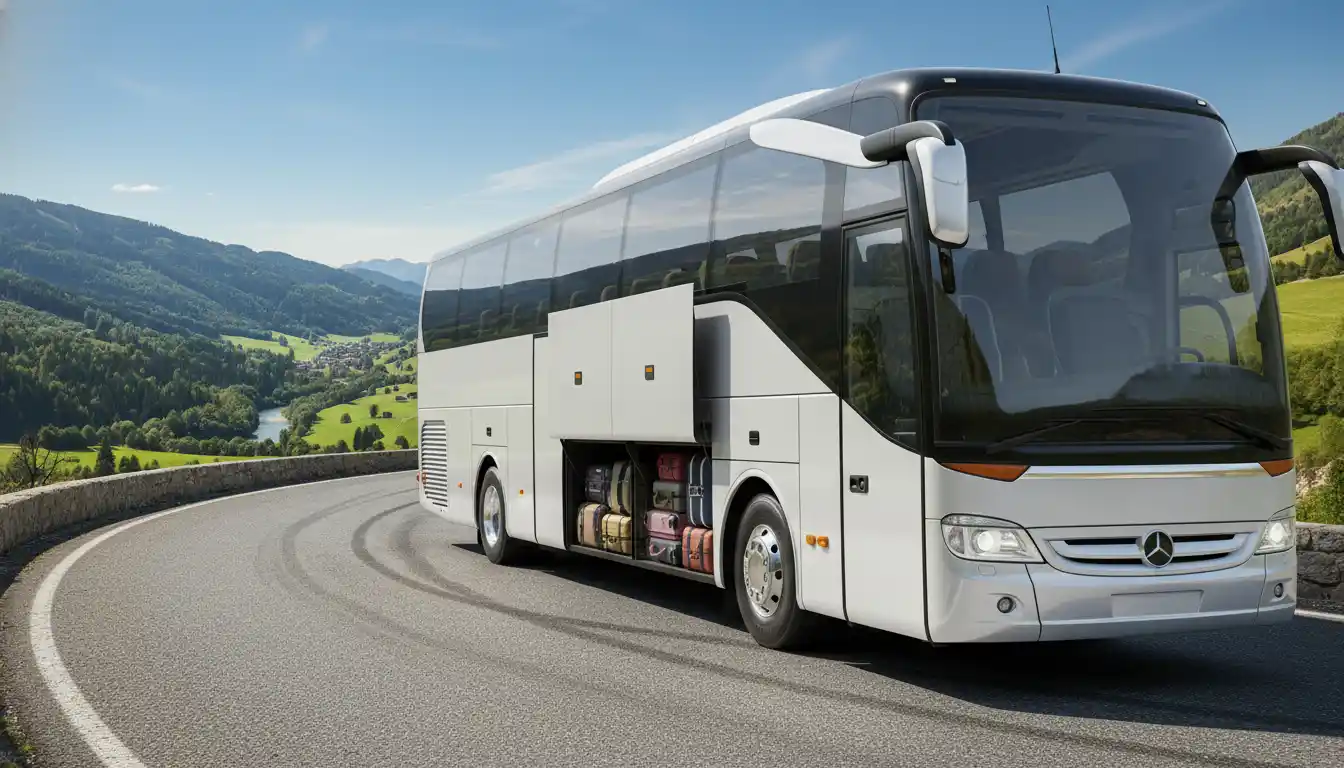 Large group of travelers posing in front of a tour bus