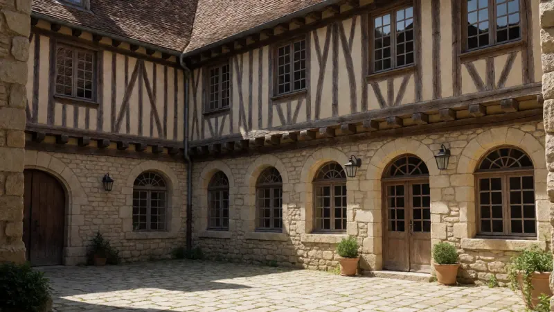 Stone courtyard with a half-timbered building and arched windows