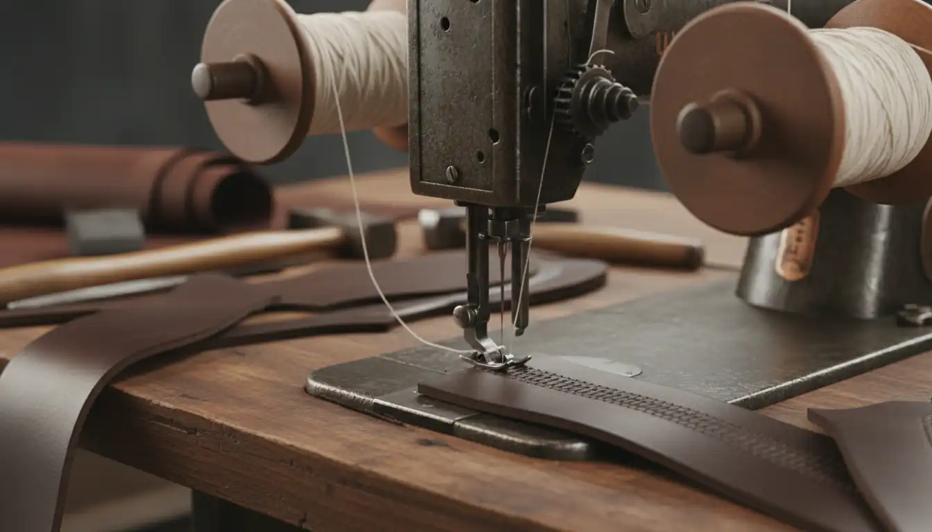 Close up of artisan sewing leather shoe components together