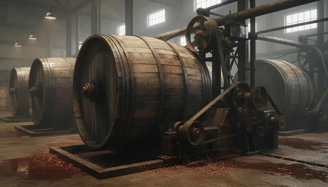 Large wooden barrels used for tanning leather in Leon factory