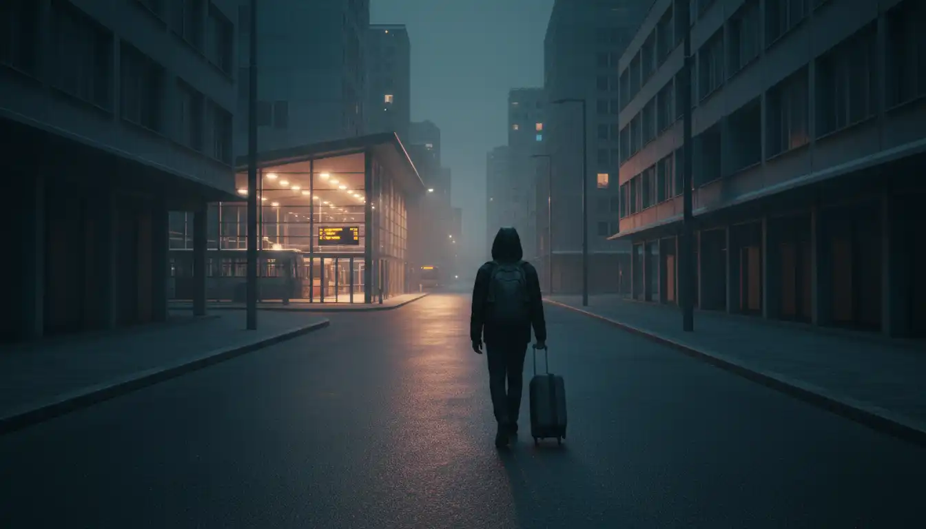 Person walking away from a bus station into a dark city street at night.