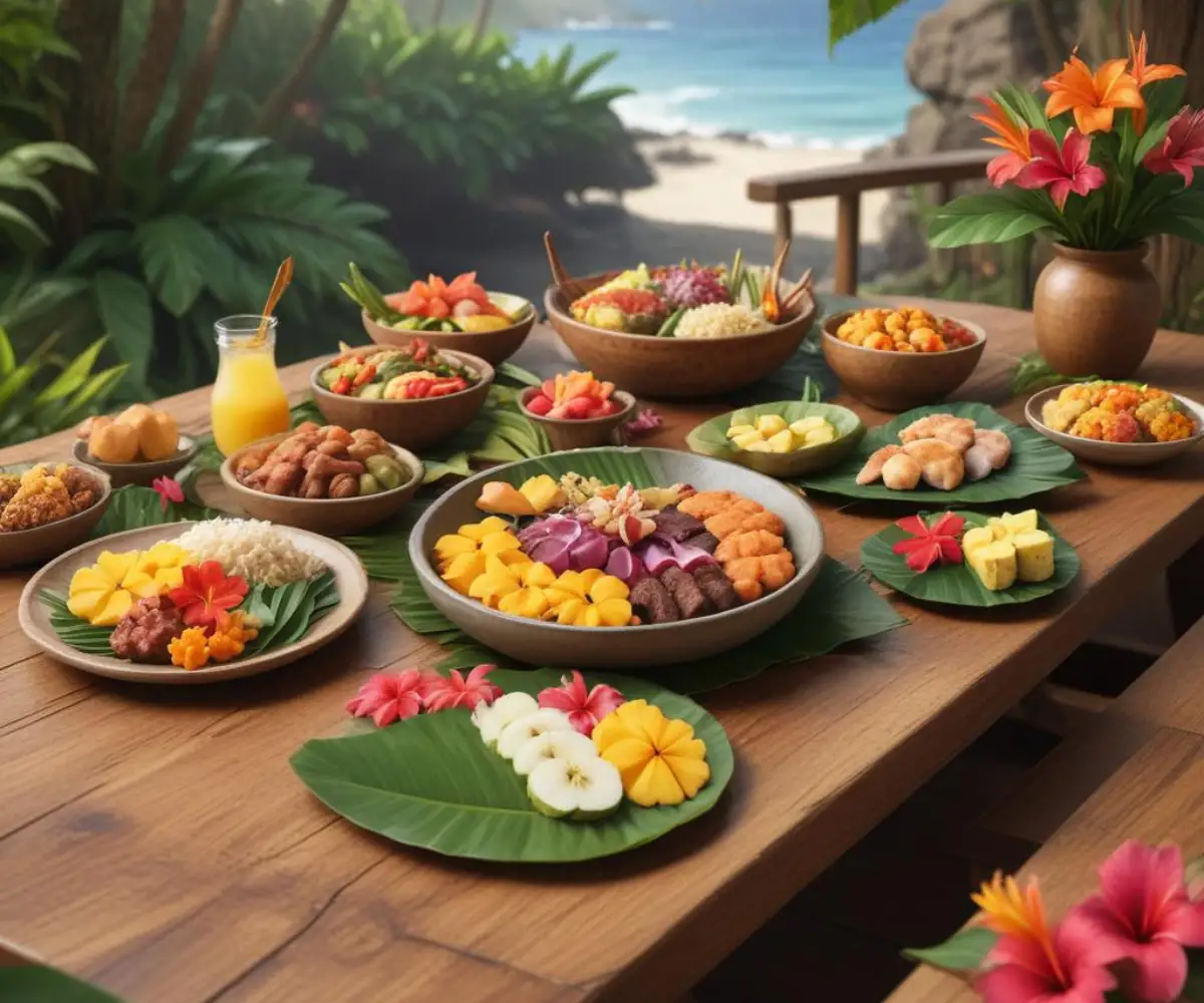 A traditional Hawaiian feast on a wooden table with tropical flower decorations.