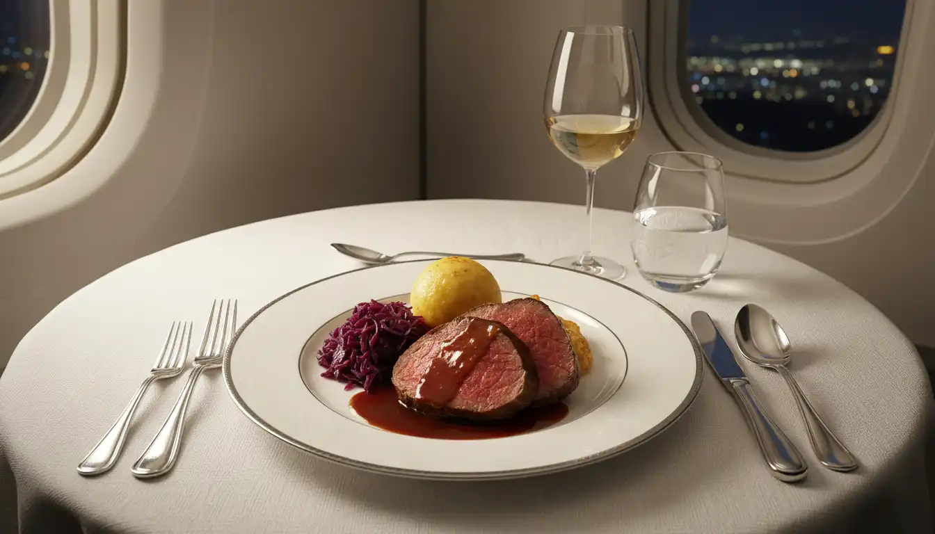 Lufthansa First Class meal service with roast goose and red cabbage
