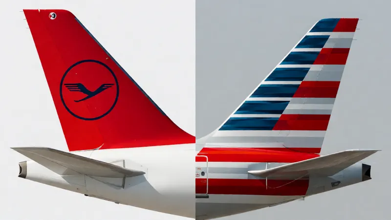 Split view of a Lufthansa airplane tail fin with its crane logo and an American Airlines tail fin with its red, white, and blue stripes.