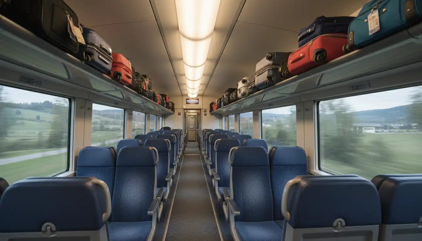 Suitcases stored in the designated luggage rack on a train