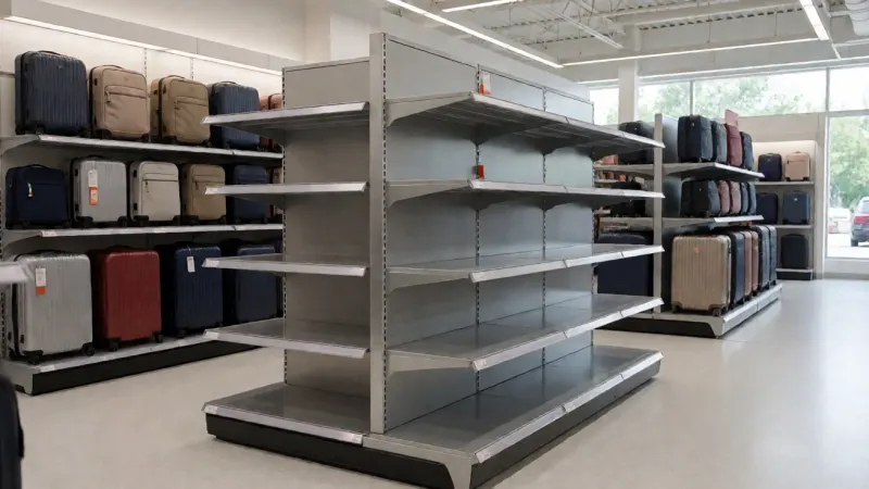 Empty silver-gray metal shelving in a brightly lit retail store where luggage is typically displayed.