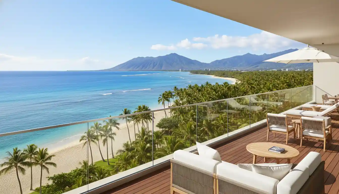 A luxury high-rise apartment balcony overlooking the turquoise ocean and palm trees in Hawaii.